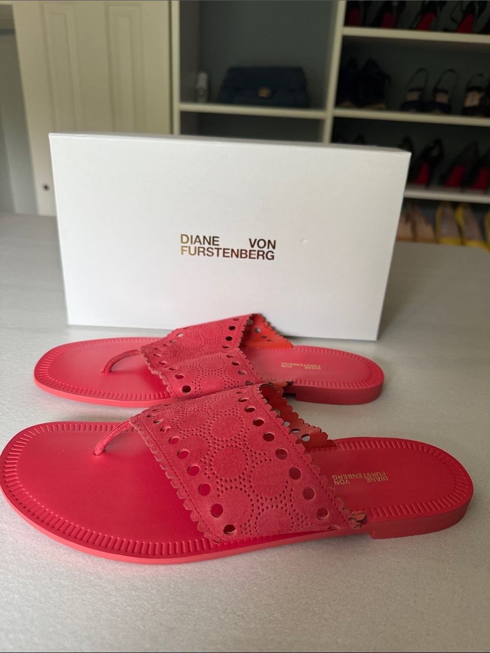 Diane von Furstenberg Bright Pink Laser-Cut Thong Sandals
